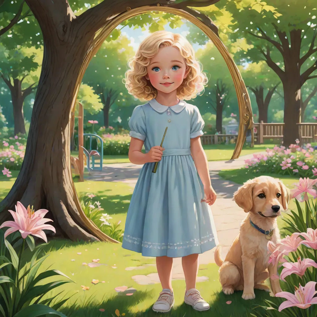 a painting of a little girl and a dog in a park with a tree and flowers in the background, Bob Byerley, american scene painting, a storybook illustration, official art