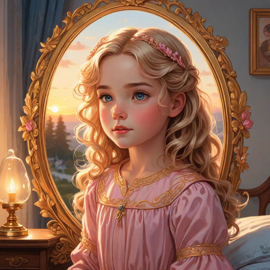 a painting of a little girl in a pink dress sitting in front of a mirror with a light on, Alice Prin, fantasy art, a detailed painting, kinkade