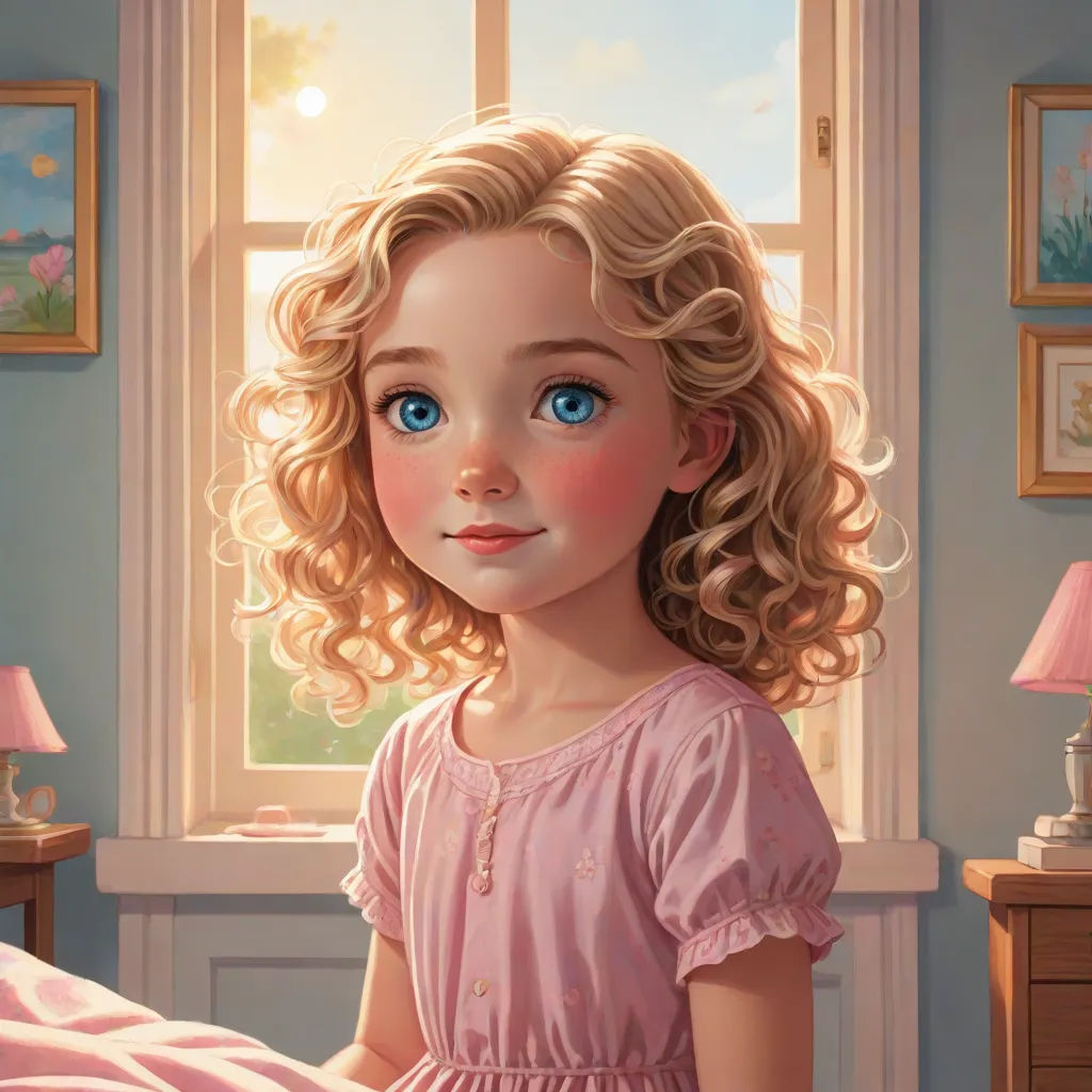 a painting of a little girl sitting in a bed with a pink dress on and a pink pillow on the bed, Clarice Beckett, american scene painting, a storybook illustration, cgstudio