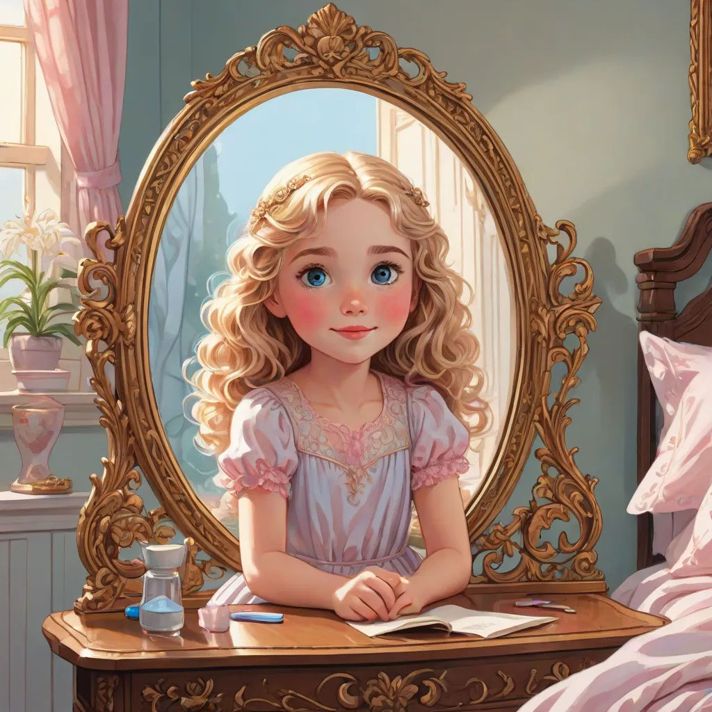 a painting of a little girl sitting at a desk in front of a mirror with a book and a pen, Clarice Beckett, american scene painting, a storybook illustration, storybook illustration