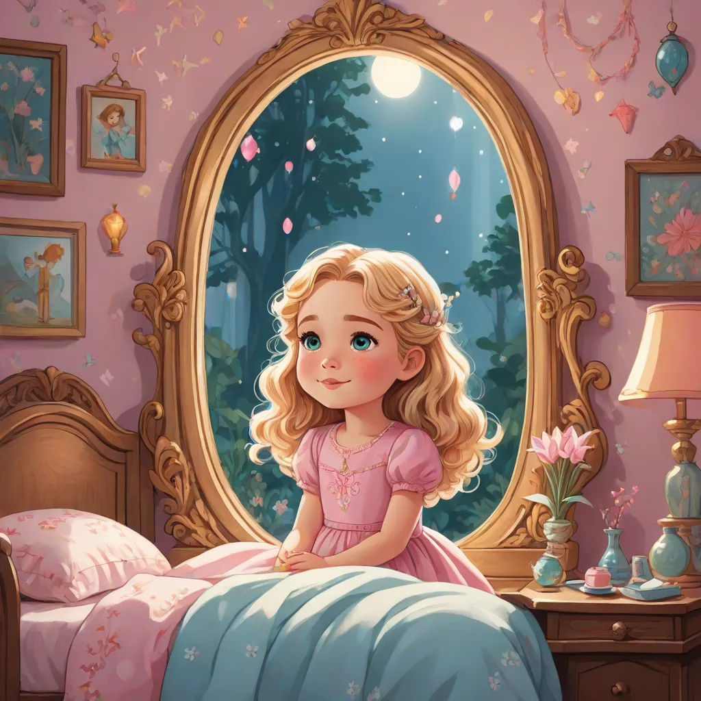 a painting of a little girl sitting on a bed in front of a mirror with a pink dress on, Alice Prin, fantasy art, a storybook illustration, storybook illustration