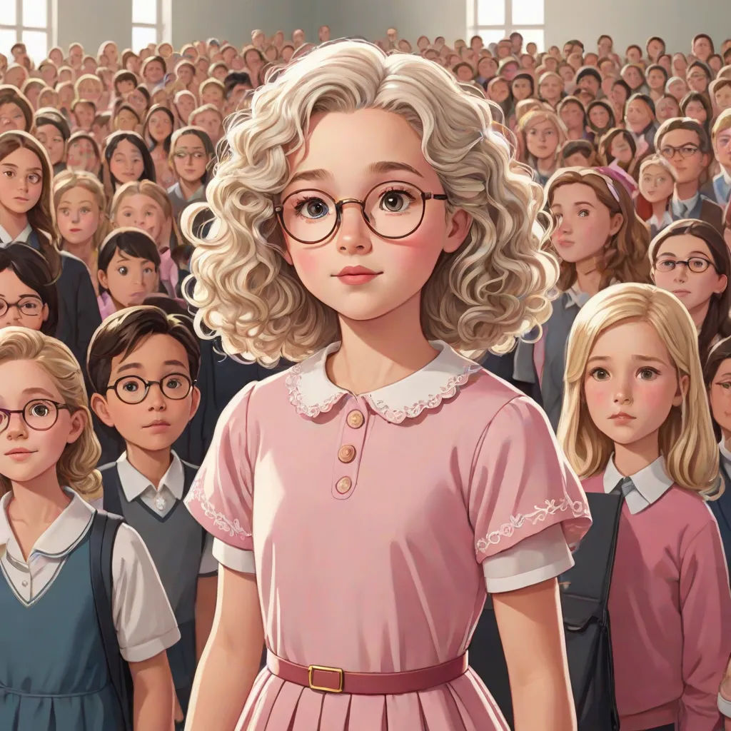 a cartoon of a girl in a pink dress surrounded by school children in a classroom setting with a large group of people, Ada Gladys Killins, paris school, a comic book panel, official art