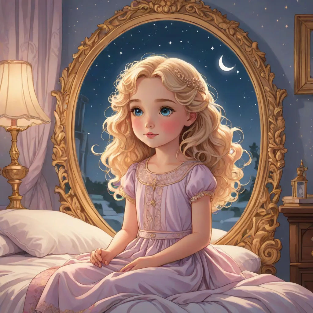 a painting of a little girl sitting on a bed in front of a mirror with a crescent on it, Alice Prin, fantasy art, a storybook illustration, storybook illustration