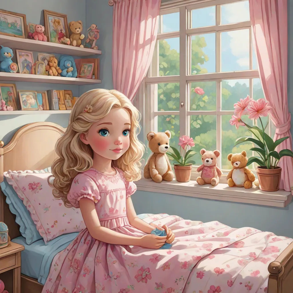a painting of a girl sitting on a bed with teddy bears in the window sill and a teddy bear, Caroline Lucy Scott, pop surrealism, a storybook illustration, kinkade