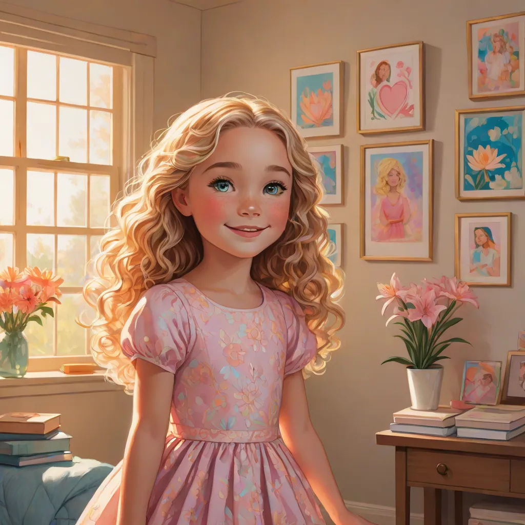 a painting of a little girl in a pink dress standing in front of a window with flowers in vases, Bob Byerley, american scene painting, a storybook illustration, kinkade