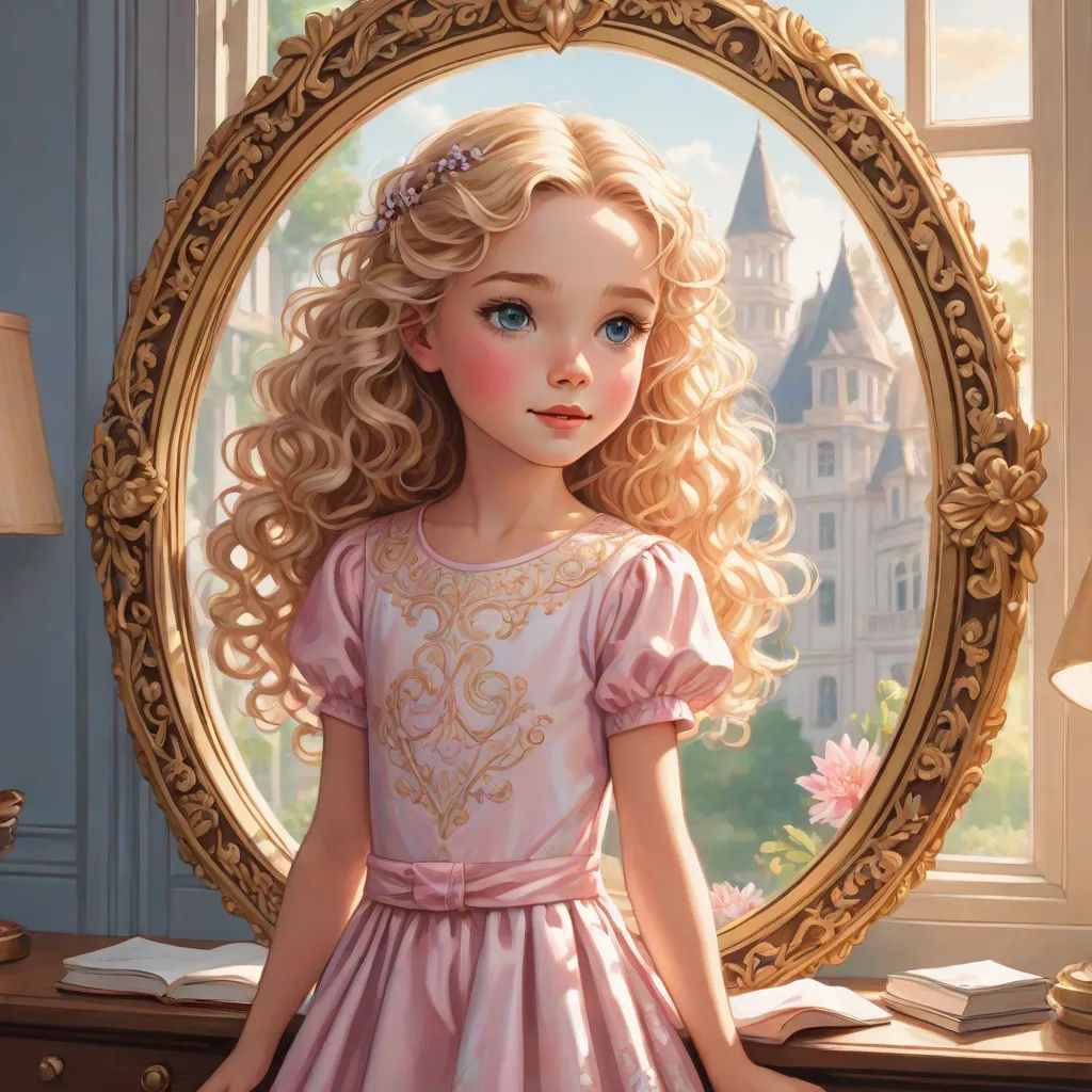 a painting of a girl in a pink dress standing in front of a mirror with a castle in the background, Alice Prin, fantasy art, a storybook illustration, kinkade