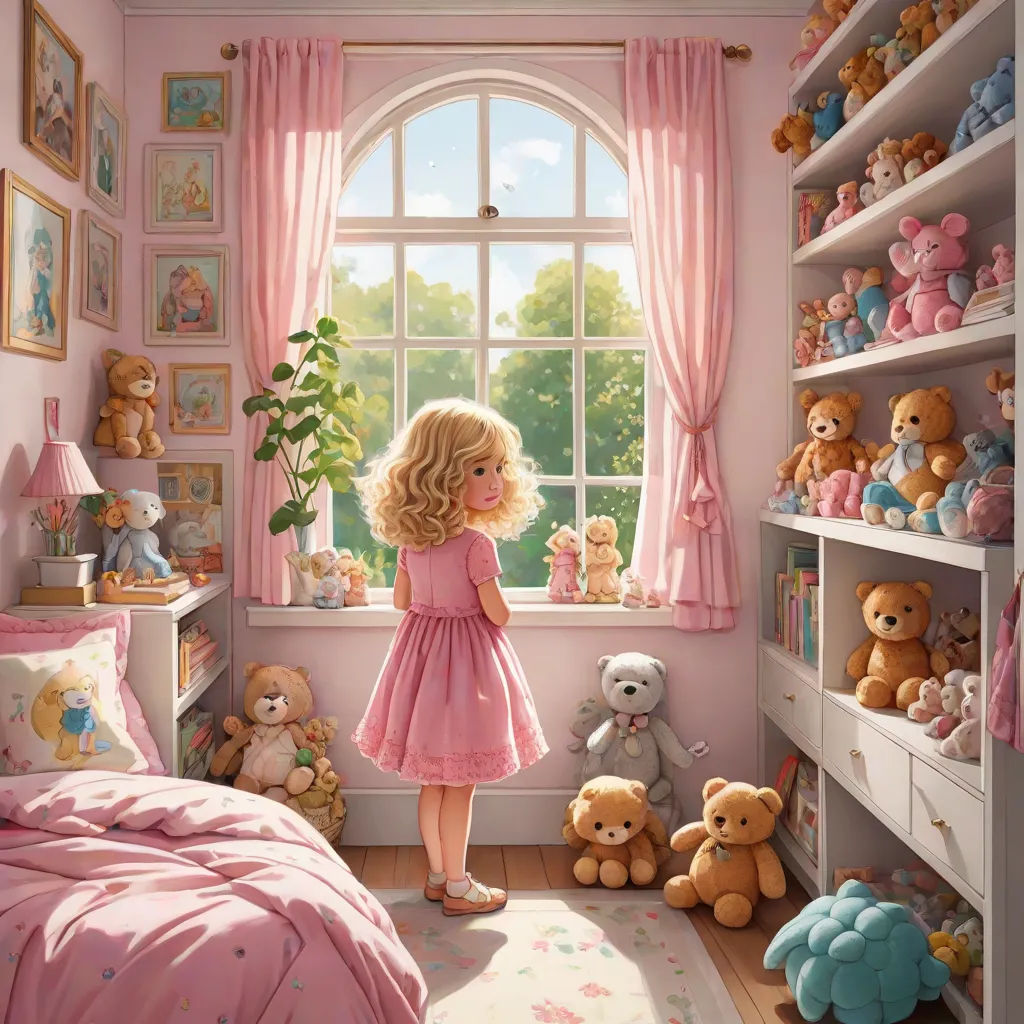a little girl standing in a pink bedroom with teddy bears and a window with pink curtains and curtains on the windowsill, Bob Byerley, naive art, a storybook illustration, highly detailed oil painting