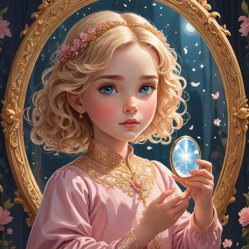 a painting of a girl holding a mirror in front of a blue background with pink flowers and a gold frame, Alice Prin, fantasy art, a detailed painting, highly detailed digital painting