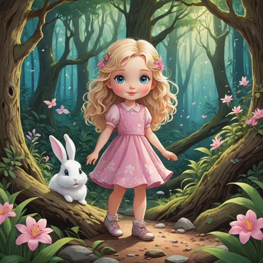 a girl in a pink dress standing in a forest with a rabbit in front of her and a pink flower in the foreground, Alice Prin, fantasy art, a storybook illustration, storybook illustration