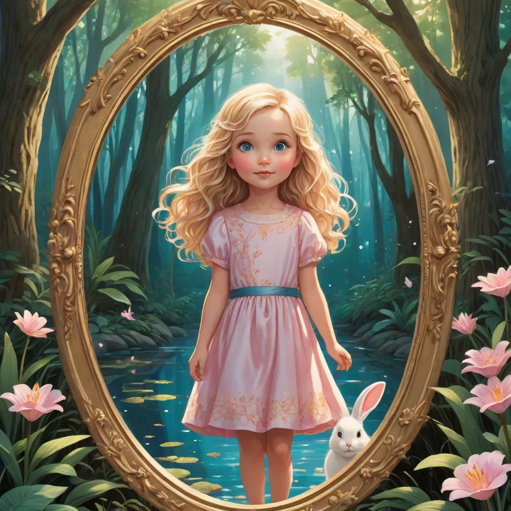 a painting of a girl in a pink dress standing in front of a mirror with a bunny in front of her, Alice Prin, magical realism, a storybook illustration, kinkade