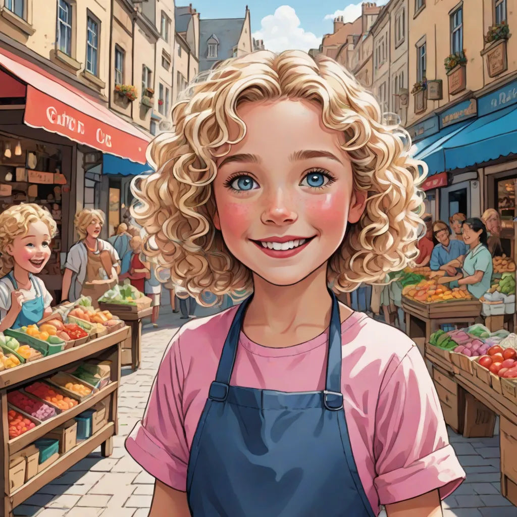 a cartoon of a girl with blonde hair and blue eyes standing in front of a market with a bunch of fruit, Bob Byerley, hyperrealism, a storybook illustration, trending on art station
