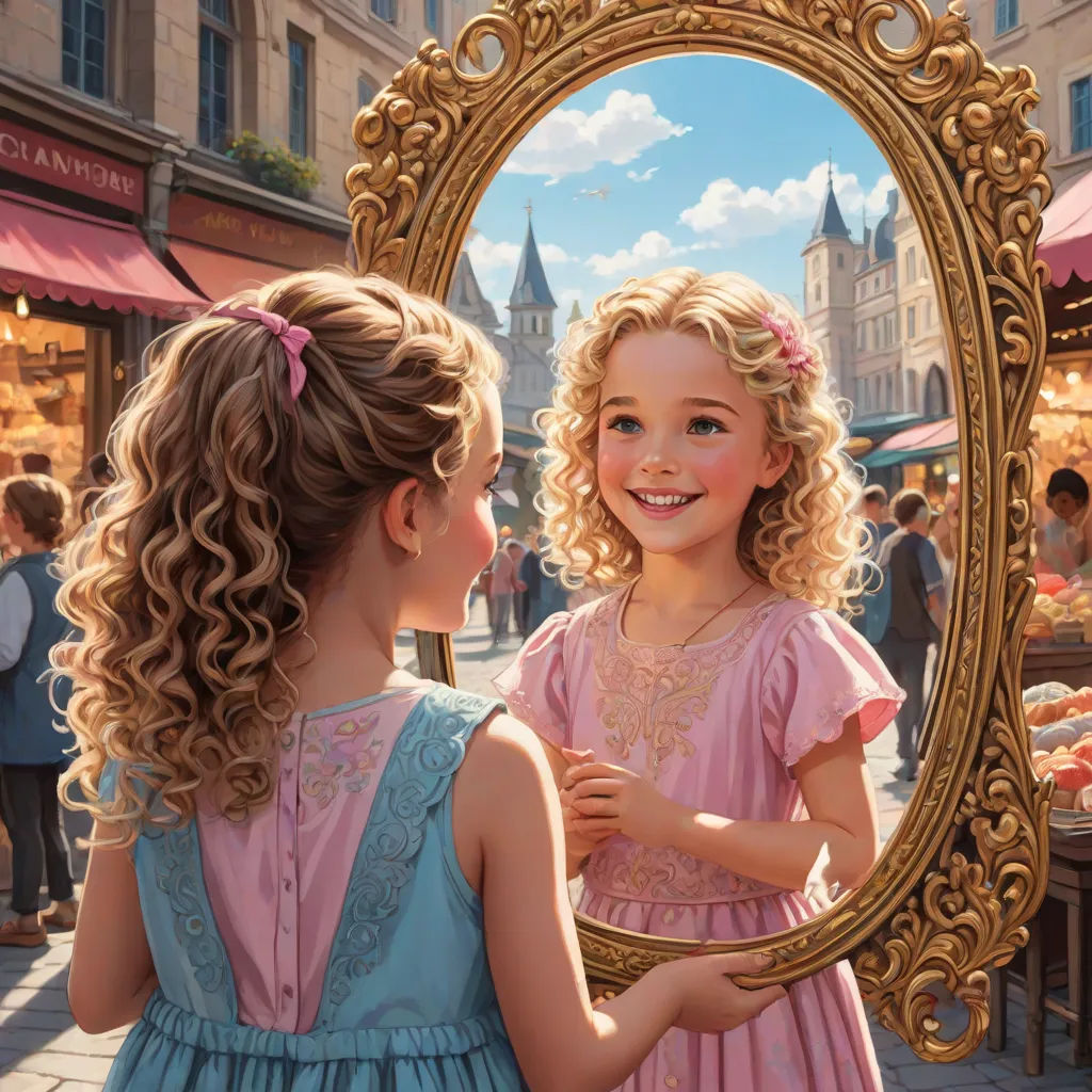 a painting of two little girls looking at a mirror in a city square, with a cityscape in the background, Bob Byerley, fantastic realism, a detailed painting, official art