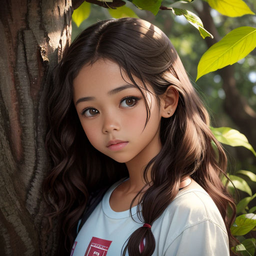 a young girl standing next to a tree with leaves on it's branches and a green leafy tree behind her