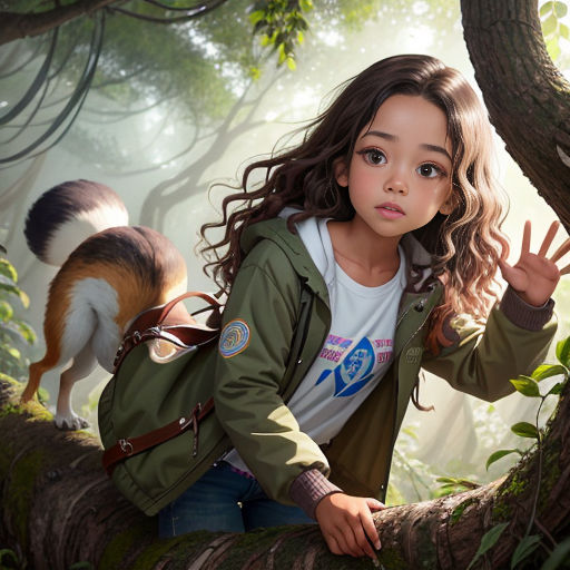 a young girl is climbing a tree with a dog on her back and a dog on her shoulder, in the background