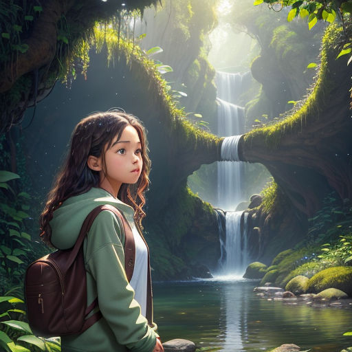 a girl standing in front of a waterfall with a backpack on her back and a waterfall in the background