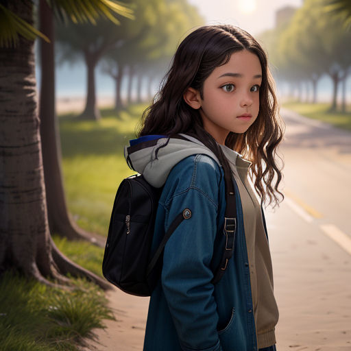 a young girl with a backpack standing on a sidewalk near a tree lined street with a palm tree in the background