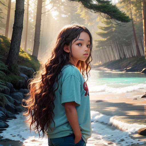 a young girl standing on a beach next to a forest and a river with waves coming in from the water