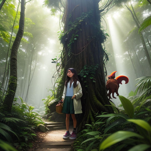 a woman standing in the middle of a forest next to a tree with a dragon on it's trunk