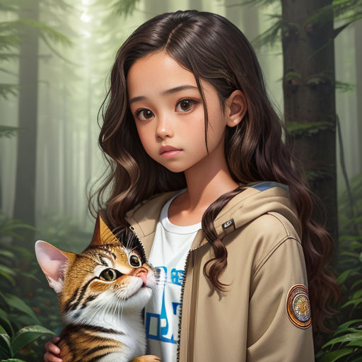 a girl holding a cat in a forest with trees in the background and a forest scene behind her is a painting of a girl holding a cat