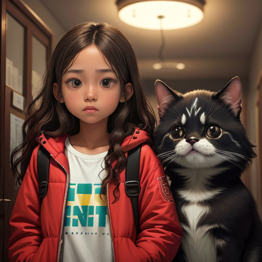 a little girl standing next to a cat in a hallway with a light on above her head and a cat behind her