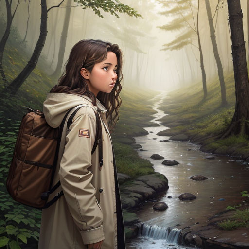 a girl with a backpack looking at a stream in the woods with a waterfall in the background and a forest scene painted on the wall