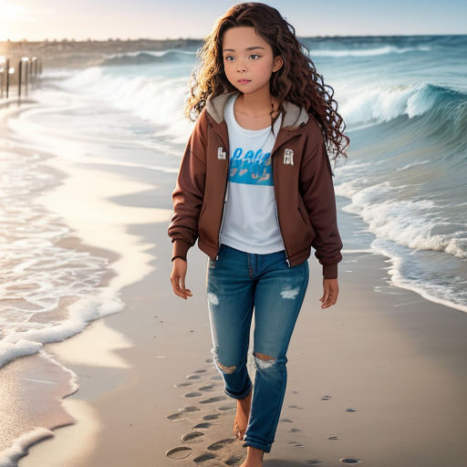 a young girl walking along the beach with her feet in the sand and a wave coming in behind her