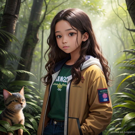 a girl standing in a forest with a cat in her lap and a forest background with trees and bushes