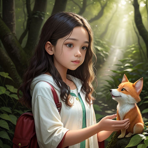 a girl holding a small dog in a forest with a fox on her shoulder and a forest background with trees