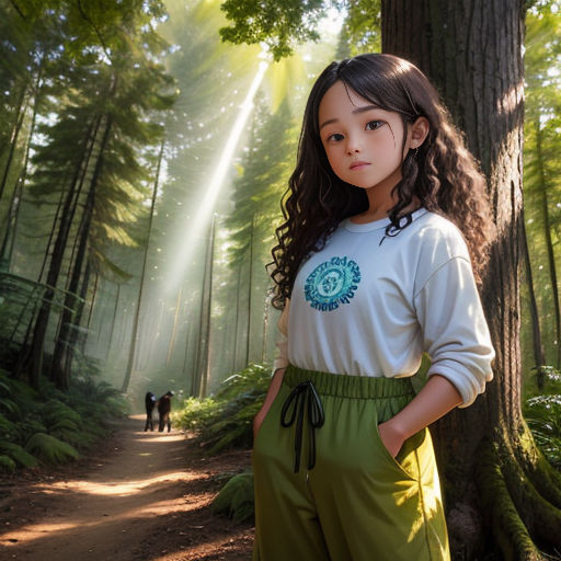 a young girl standing in the middle of a forest with a dog in the background and a light beam coming from the trees