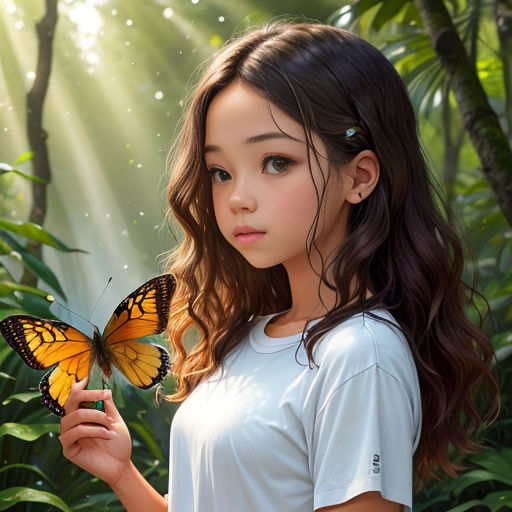 a young girl holding a butterfly in a forest with sunlight streaming through the leaves and the sun shining down on her