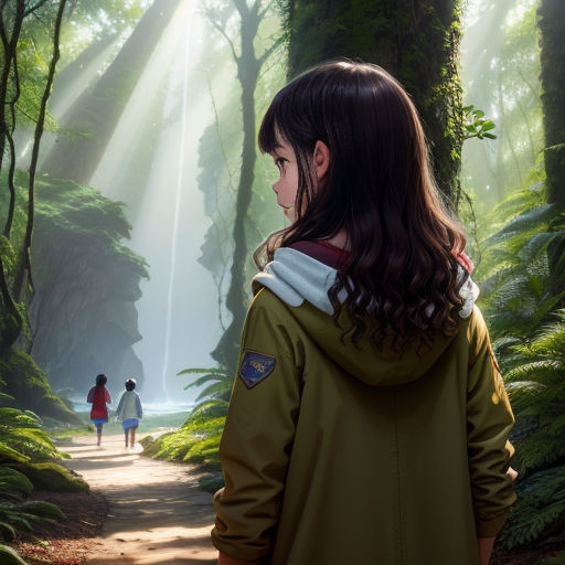 a girl in a green jacket is looking at a forest with a boy in a red coat and a girl in a white dress