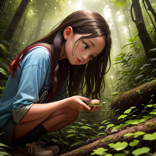 a girl kneeling down in the woods looking at a plant in her hand and holding a leaf in her hand