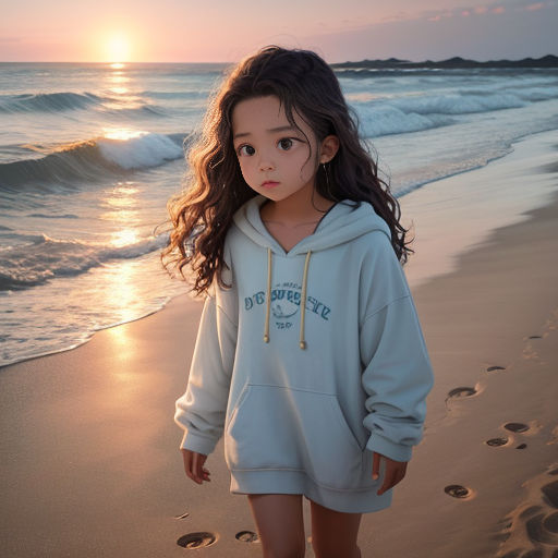 a little girl standing on a beach next to the ocean at sunset with footprints in the sand and a sun setting