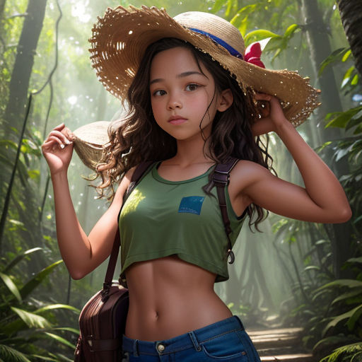 a young girl wearing a hat and holding a purse in a forest with trees and bushes behind her,
