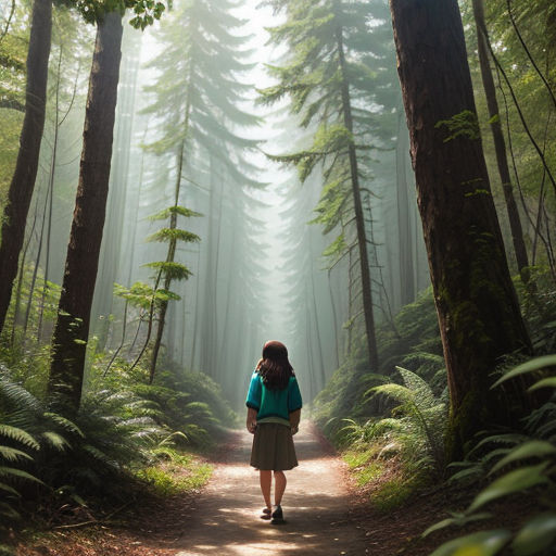 a woman walking down a trail in the woods with a backpack on her back and trees in the background