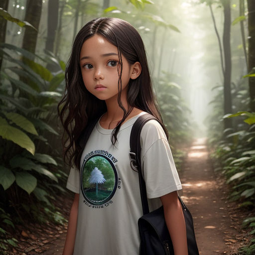 a young girl standing in the middle of a forest with a backpack on her shoulder and a backpack on her shoulder