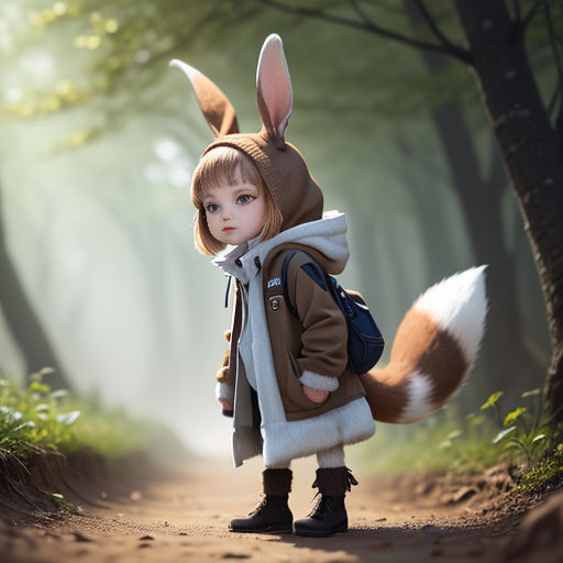 a little girl dressed in a rabbit costume standing in the woods with a fox tail on her head and a backpack on her back