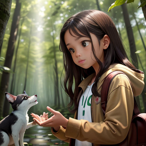 a girl is petting a dog in the woods with sunlight streaming through the trees behind her and a dog standing on its hind legs