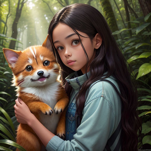 a girl holding a small dog in a forest with trees and plants behind her and a forest background with trees and bushes