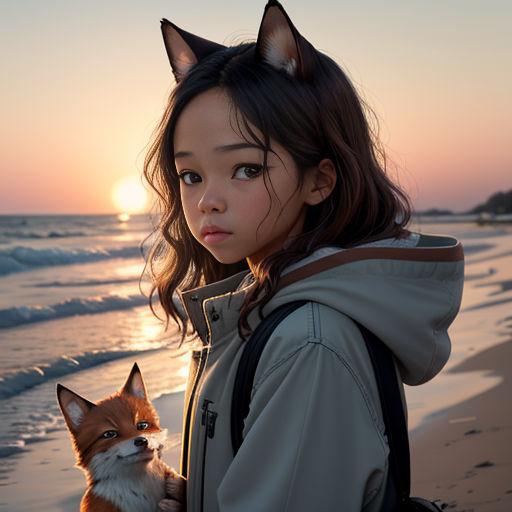 a girl with a backpack and a fox on the beach at sunset with the sun in the background and the ocean behind her