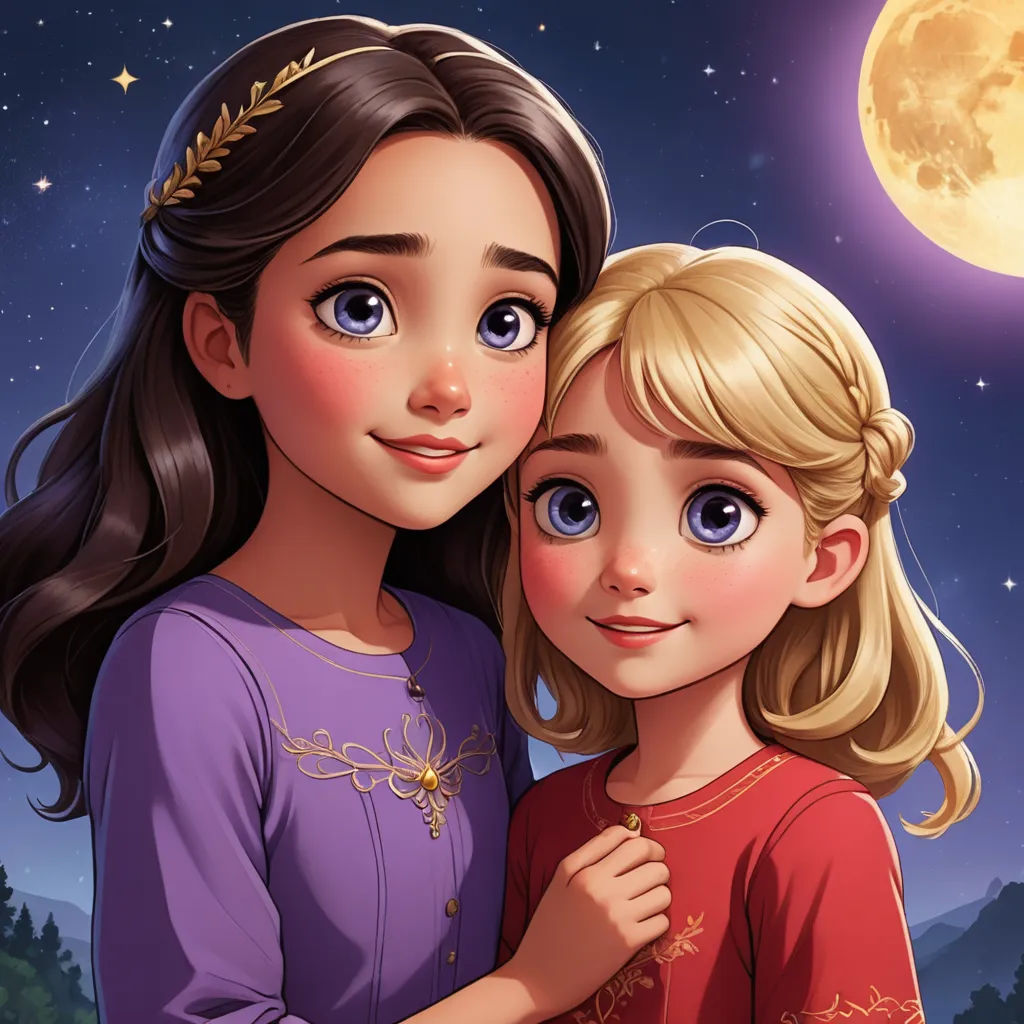 a couple of girls standing next to each other under a full moon sky with trees and stars in the background, fantasy art, a storybook illustration, disney, official art