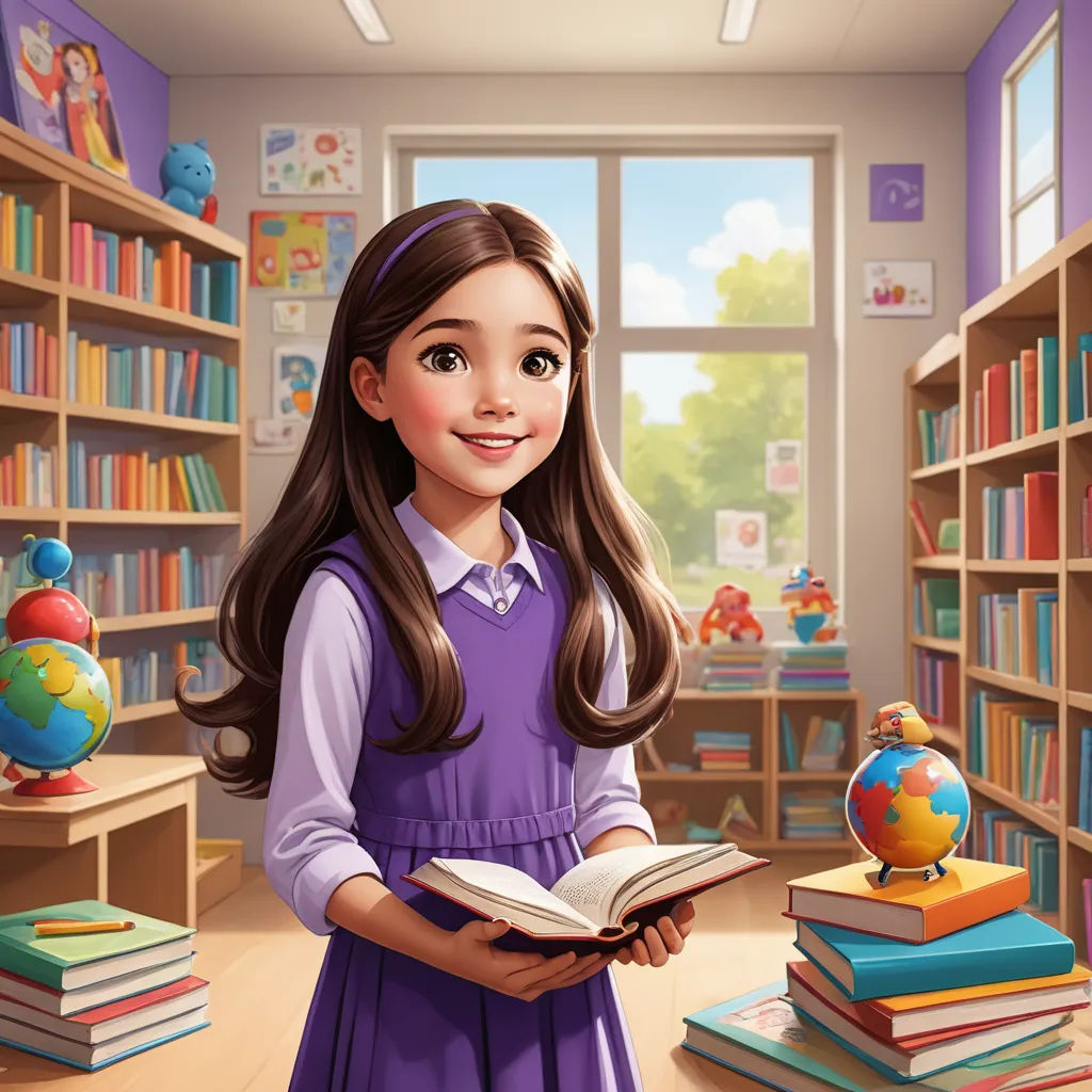 a girl in a purple dress is holding a book in a library with bookshelves and a globe, photorealism, a storybook illustration, Clarice Beckett, storybook illustration