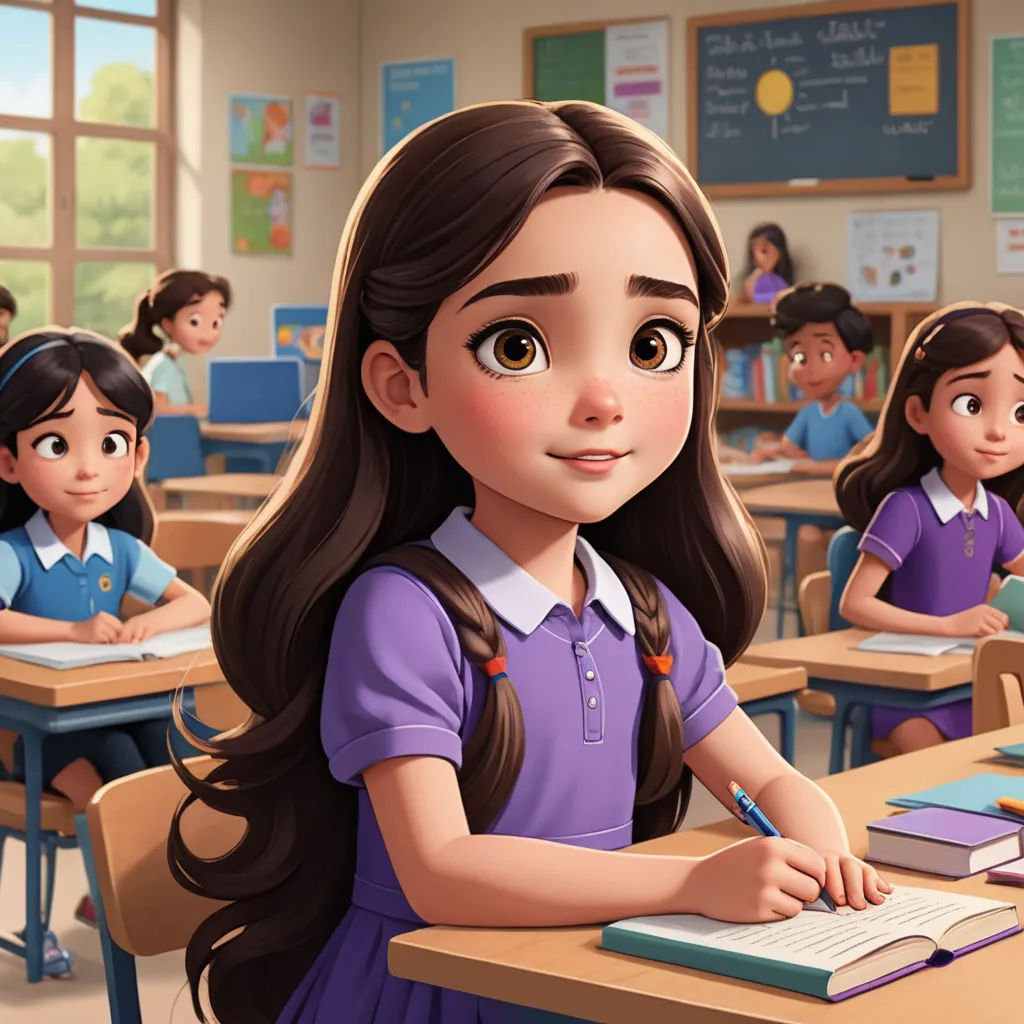 a cartoon girl sitting at a desk with a book and pen in front of her and other children behind her, paris school, concept art, Ada Gladys Killins, official art