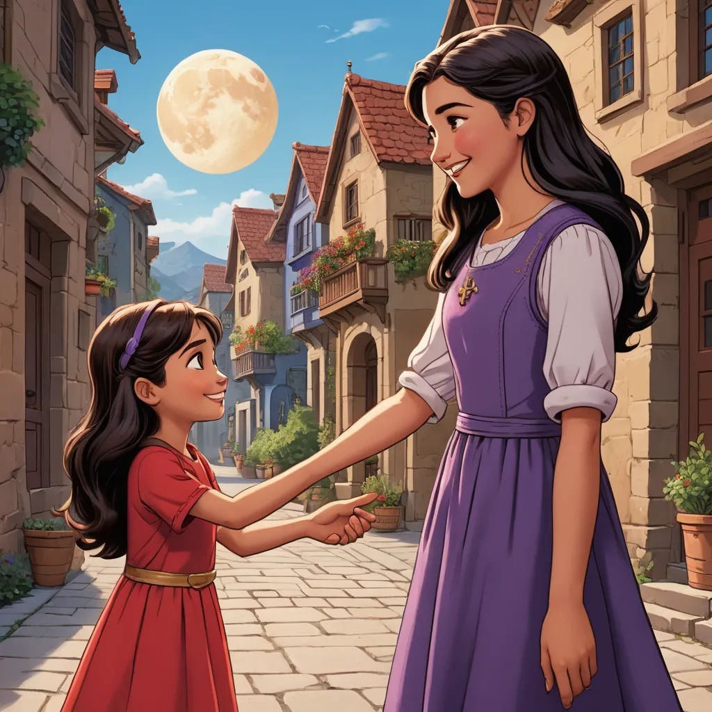 a young girl is shaking hands with a young girl in a street with a full moon in the background, magical realism, a storybook illustration, disney, official art
