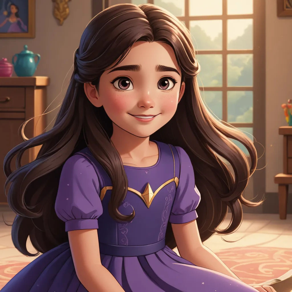 a cartoon girl in a purple dress sitting on a floor with a book in her hand and a window in the background, photorealism, a character portrait, Clarice Beckett, official art