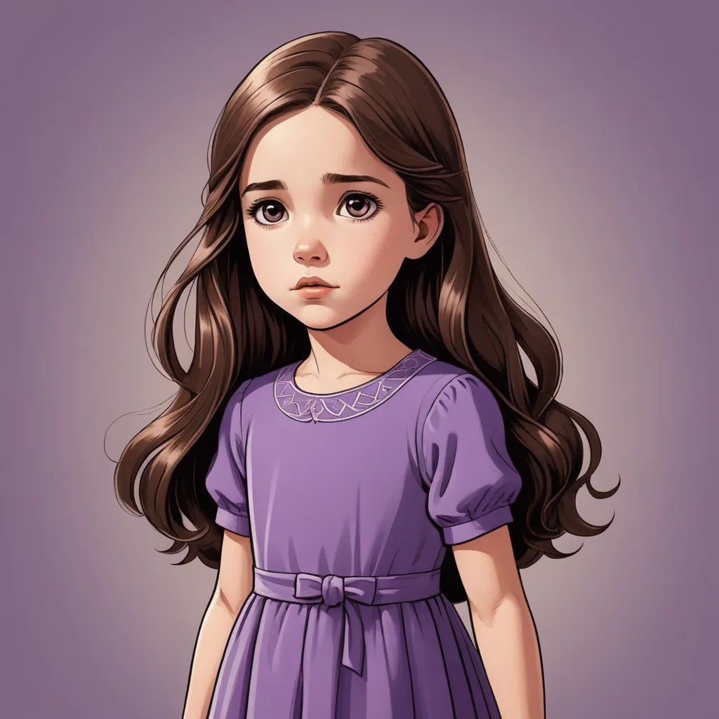 a little girl in a purple dress with long hair and a necklace on her neck, standing in front of a purple background, gothic art, a character portrait, Clarice Beckett, character portrait