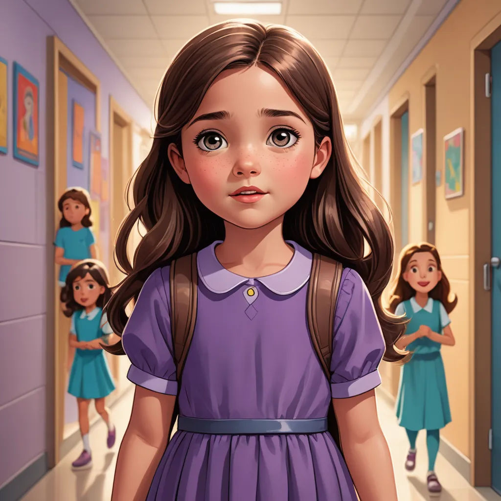 a girl in a purple dress is standing in a hallway with other girls in the background and a door open, paris school, a character portrait, Clarice Beckett, official art