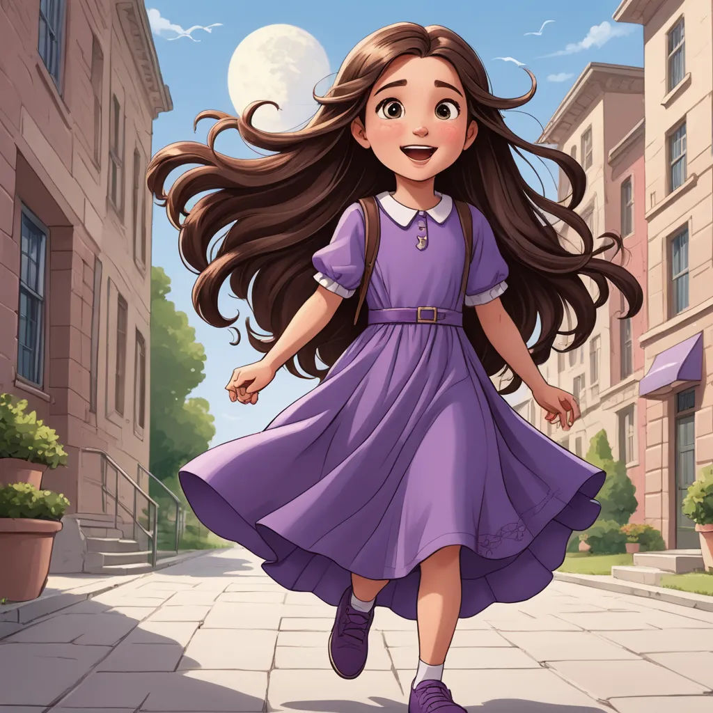 a girl in a purple dress is walking down the street with her hair in the wind and a full moon in the background, magical realism, a storybook illustration, Clarice Beckett, official art