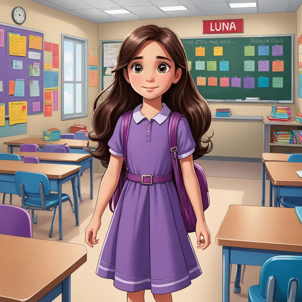 a girl in a purple dress standing in a classroom with a chalkboard on the wall behind her and a clock on the wall, danube school, a character portrait, Clarice Beckett, character portrait