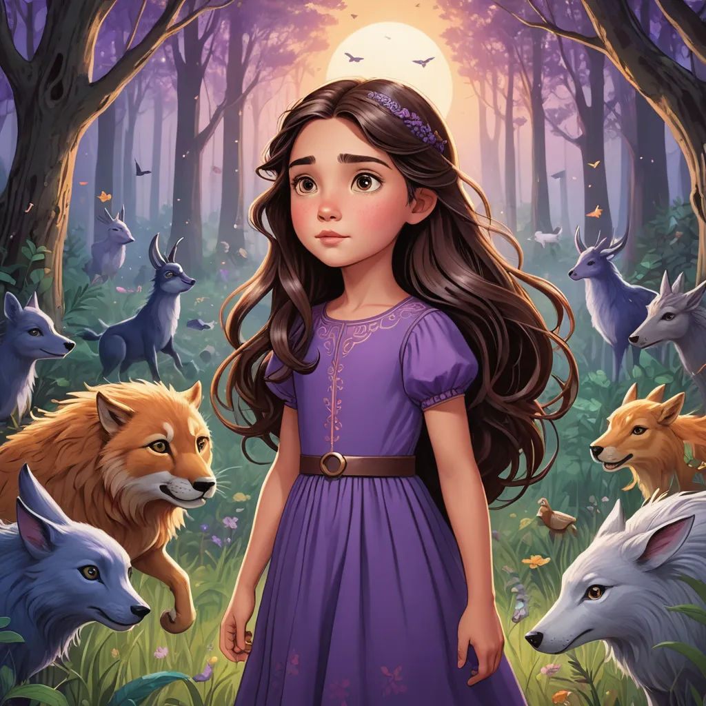 a girl in a purple dress standing in a forest with animals around her and a full moon in the background, fantasy art, a storybook illustration, Clarice Beckett, comic cover art